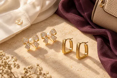 Pearl bow earrings and gold-toned hoops styled with an ivory blouse and aubergine scarf