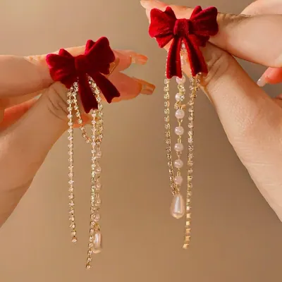 Velvet Bowknot Rhinestone Pearl Earrings